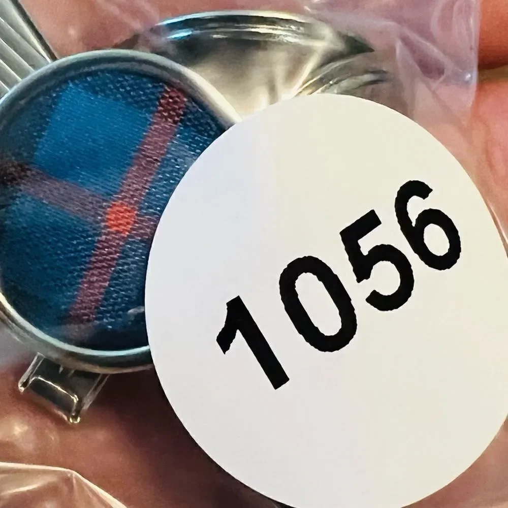 Vintage Cufflinks Tie Bar Clip Silver Blue Red Plaid fabric 1056